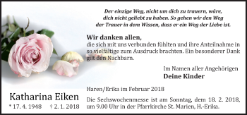 Traueranzeige von Katharina Eiken von Neue Osnabrücker Zeitung GmbH & Co. KG