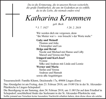 Traueranzeige von Katharina Krummen von Neue Osnabrücker Zeitung GmbH & Co. KG