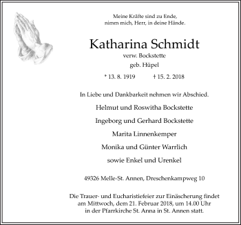 Traueranzeige von Katharina Schmidt von Neue Osnabrücker Zeitung GmbH & Co. KG