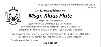 Traueranzeige von Klaus Plate von Neue Osnabrücker Zeitung GmbH & Co. KG