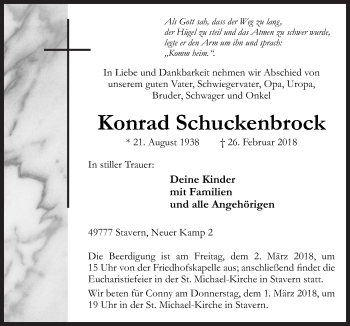 Traueranzeige von Konrad Schuckenbrock von Neue Osnabrücker Zeitung GmbH & Co. KG