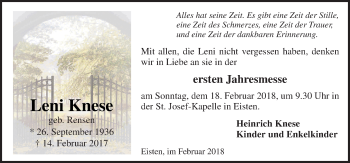 Traueranzeige von Leni Knese von Neue Osnabrücker Zeitung GmbH & Co. KG