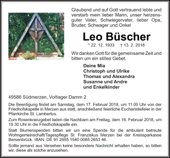 Traueranzeige von Leo Büscher von Neue Osnabrücker Zeitung GmbH & Co. KG