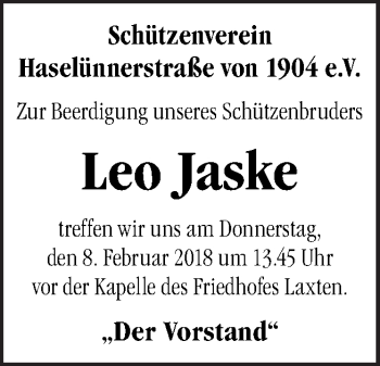 Traueranzeige von Leo Jaske von Neue Osnabrücker Zeitung GmbH & Co. KG