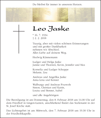 Traueranzeige von Leo Jaske von Neue Osnabrücker Zeitung GmbH & Co. KG