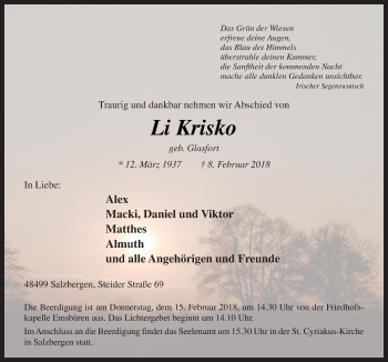 Traueranzeige von Li Krisko von Neue Osnabrücker Zeitung GmbH & Co. KG