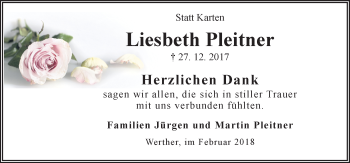 Traueranzeige von Liesbeth Pleitner von Neue Osnabrücker Zeitung GmbH & Co. KG