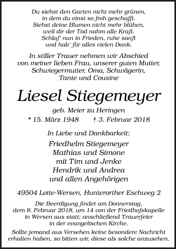 Traueranzeige von Liesel Stiegemeyer von Neue Osnabrücker Zeitung GmbH & Co. KG