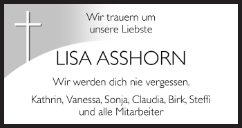 Traueranzeige von Lisa Asshorn von Neue Osnabrücker Zeitung GmbH & Co. KG