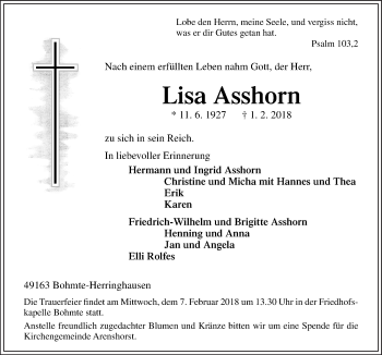 Traueranzeige von Lisa Asshorn von Neue Osnabrücker Zeitung GmbH & Co. KG