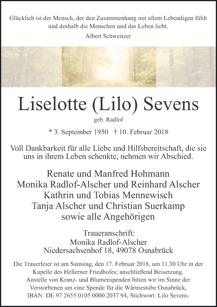  Traueranzeige für Liselotte Sevens vom 14.02.2018 aus Neue Osnabrücker Zeitung GmbH & Co. KG