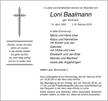 Traueranzeige von Loni Baalmann von Neue Osnabrücker Zeitung GmbH & Co. KG