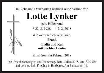 Traueranzeige von Lotte Lynker von Neue Osnabrücker Zeitung GmbH & Co. KG