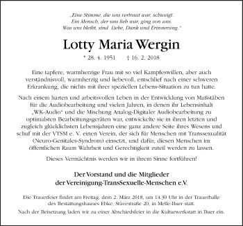 Traueranzeige von Lotty Maria Wergin von Neue Osnabrücker Zeitung GmbH & Co. KG