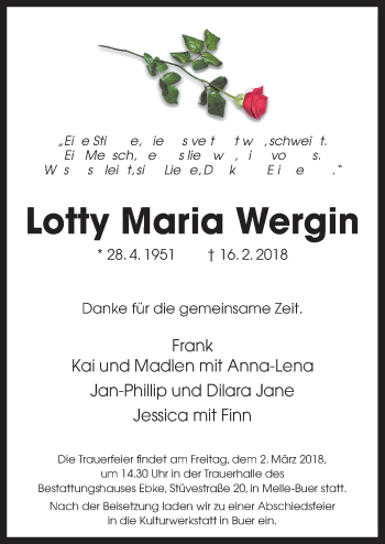 Traueranzeige von Lotty Maria Wergin von Neue Osnabrücker Zeitung GmbH & Co. KG