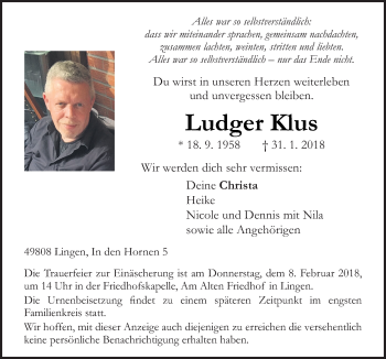 Traueranzeige von Ludger Klus von Neue Osnabrücker Zeitung GmbH & Co. KG