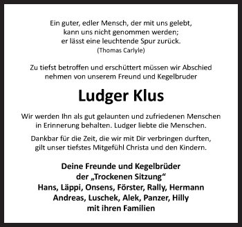 Traueranzeige von Ludger Klus von Neue Osnabrücker Zeitung GmbH & Co. KG