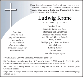 Traueranzeige von Ludwig Krone von Neue Osnabrücker Zeitung GmbH & Co. KG