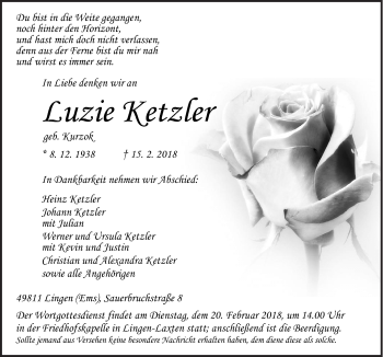 Traueranzeige von Luzie Ketzler von Neue Osnabrücker Zeitung GmbH & Co. KG