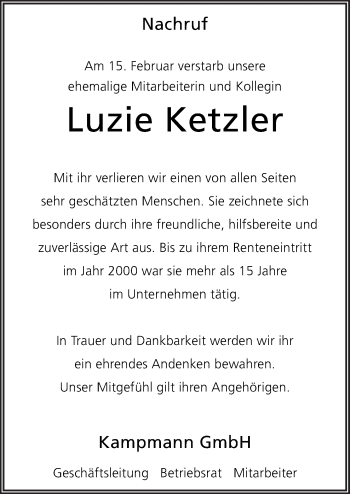 Traueranzeige von Luzie Ketzler von Neue Osnabrücker Zeitung GmbH & Co. KG