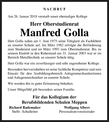 Traueranzeige von Manfred Golla von Neue Osnabrücker Zeitung GmbH & Co. KG