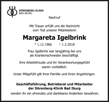 Traueranzeige von Margareta Igelbrink von Neue Osnabrücker Zeitung GmbH & Co. KG