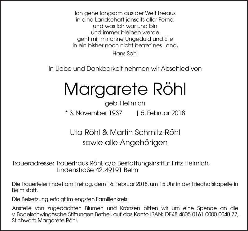  Traueranzeige für Margarete Röhl vom 10.02.2018 aus Neue Osnabrücker Zeitung GmbH & Co. KG