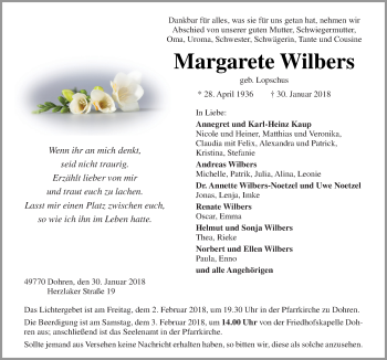 Traueranzeige von Margarete Wilbers von Neue Osnabrücker Zeitung GmbH & Co. KG