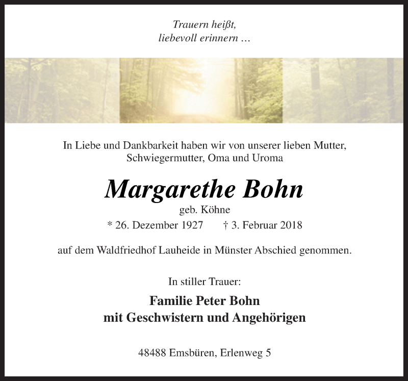  Traueranzeige für Margarethe Bohn vom 09.02.2018 aus Neue Osnabrücker Zeitung GmbH & Co. KG