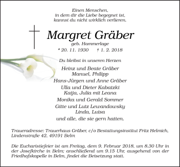 Traueranzeige von Margret Gräber von Neue Osnabrücker Zeitung GmbH & Co. KG