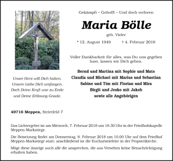 Traueranzeige von Maria Bölle von Neue Osnabrücker Zeitung GmbH & Co. KG