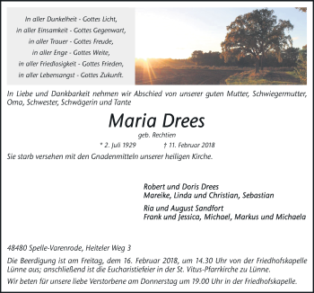 Traueranzeige von Maria Drees von Neue Osnabrücker Zeitung GmbH & Co. KG