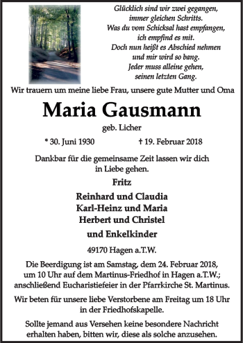 Traueranzeige von Maria Gausmann von Neue Osnabrücker Zeitung GmbH & Co. KG