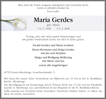 Traueranzeige von Maria Gerdes von Neue Osnabrücker Zeitung GmbH & Co. KG