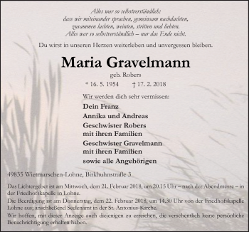 Traueranzeige von Maria Gravelmann von Neue Osnabrücker Zeitung GmbH & Co. KG