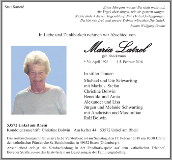 Traueranzeige von Maria Latzel von Neue Osnabrücker Zeitung GmbH & Co. KG