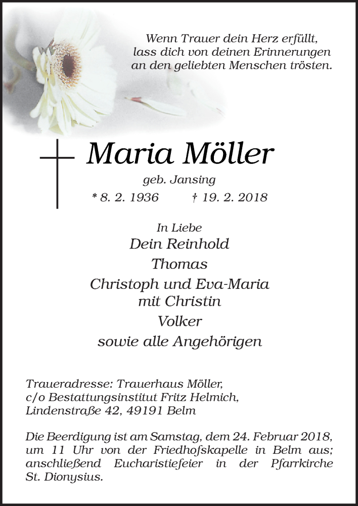  Traueranzeige für Maria Möller vom 21.02.2018 aus Neue Osnabrücker Zeitung GmbH & Co. KG