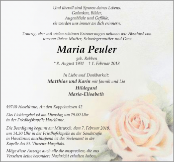 Traueranzeige von Maria Peuler von Neue Osnabrücker Zeitung GmbH & Co. KG