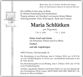 Traueranzeige von Maria Schlütken von Neue Osnabrücker Zeitung GmbH & Co. KG