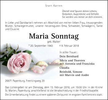 Traueranzeige von Maria Sonntag von Neue Osnabrücker Zeitung GmbH & Co. KG