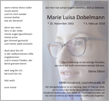 Traueranzeige von Marie Luisa Dobelmann von Neue Osnabrücker Zeitung GmbH & Co. KG
