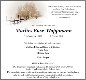 Traueranzeige von Marlies Buse-Woppmann von Neue Osnabrücker Zeitung GmbH & Co. KG