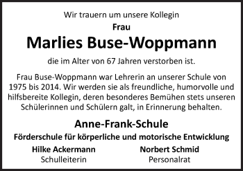 Traueranzeige von Marlies Buse-Woppmann von Neue Osnabrücker Zeitung GmbH & Co. KG