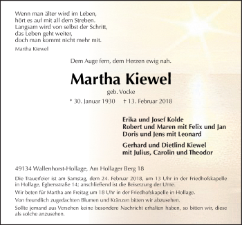 Traueranzeige von Martha Kiewel von Neue Osnabrücker Zeitung GmbH & Co. KG