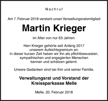 Traueranzeige von Martin Krieger von Neue Osnabrücker Zeitung GmbH & Co. KG