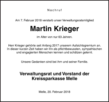 Traueranzeige von Martin Krieger von Neue Osnabrücker Zeitung GmbH & Co. KG