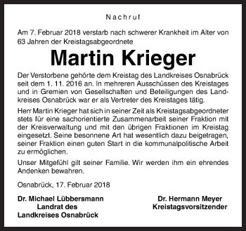 Traueranzeige von Martin Krieger von Neue Osnabrücker Zeitung GmbH & Co. KG