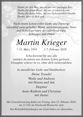 Traueranzeige von Martin Krieger von Neue Osnabrücker Zeitung GmbH & Co. KG