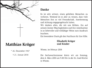 Traueranzeige von Matthias Kröger von Neue Osnabrücker Zeitung GmbH & Co. KG