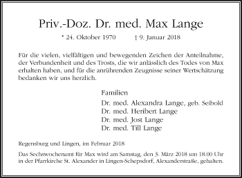 Traueranzeige von Max Lange von Neue Osnabrücker Zeitung GmbH & Co. KG